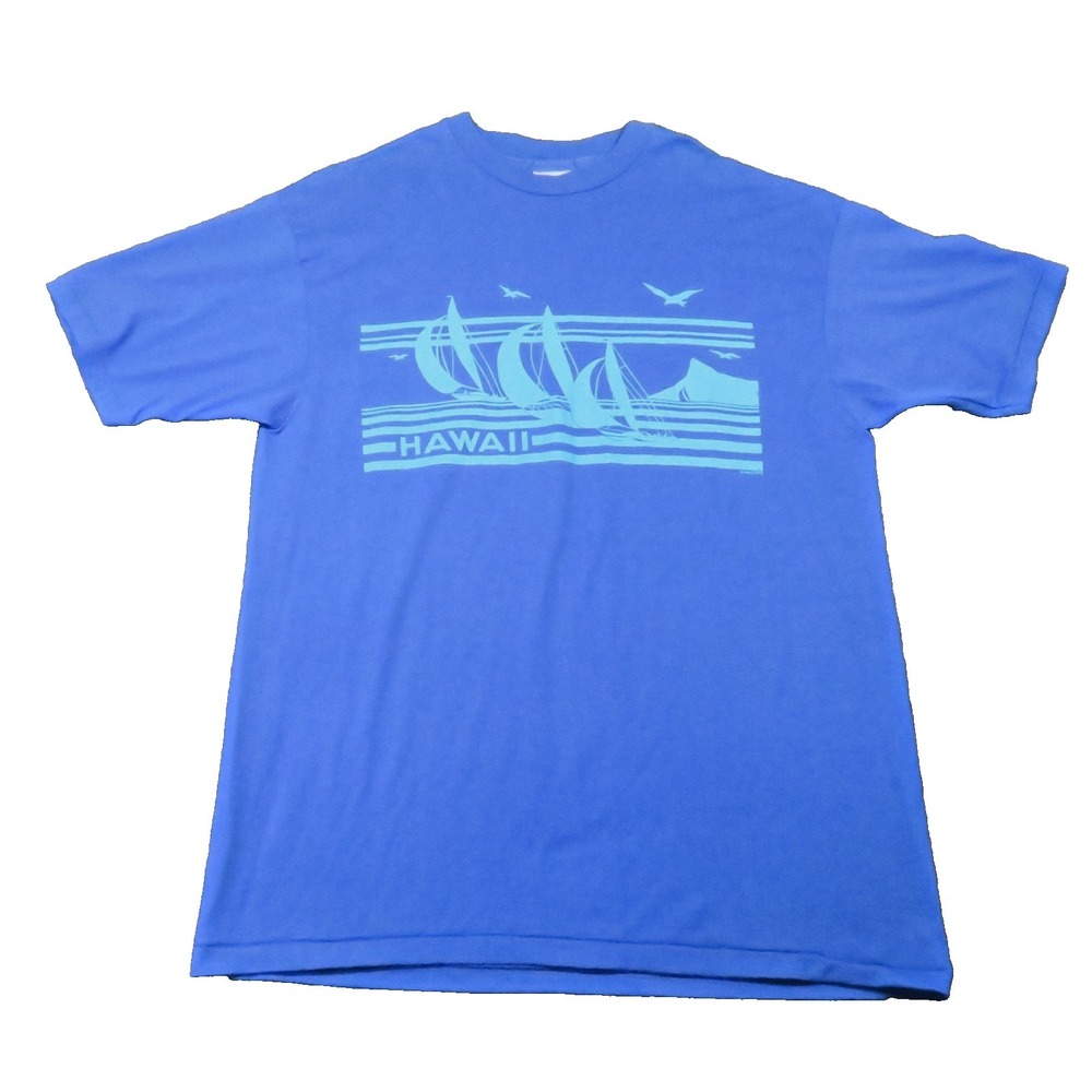Vintage 80s Hawaii Graphic T Shirt XL Blue Sailboat Beach Surf USA Single Stitch